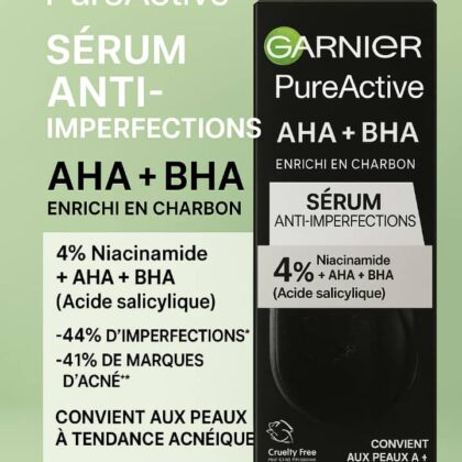 Garnier Pure Active AHA + BHA + Niacinamide & Charcoal – Sérum Anti-Imperfections